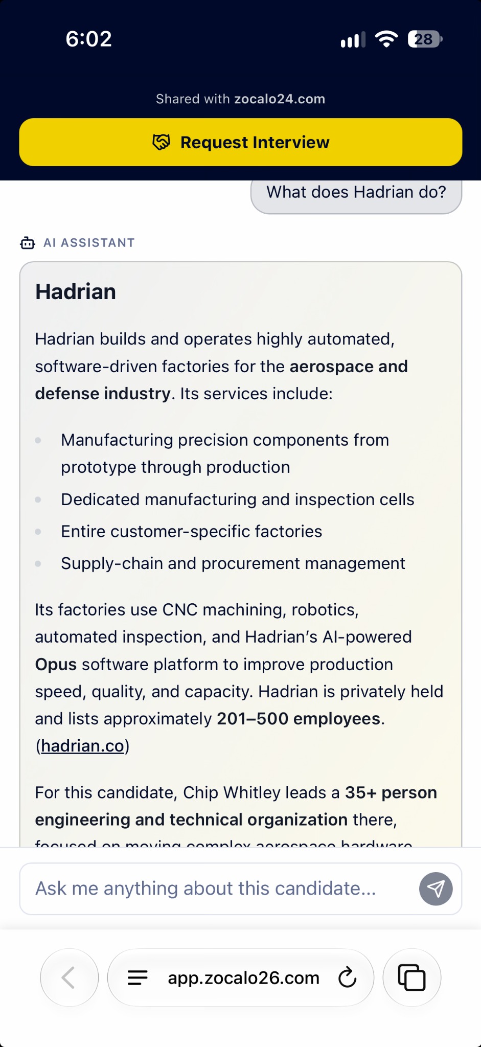 Embedded AI explaining the candidate’s employer and experience.