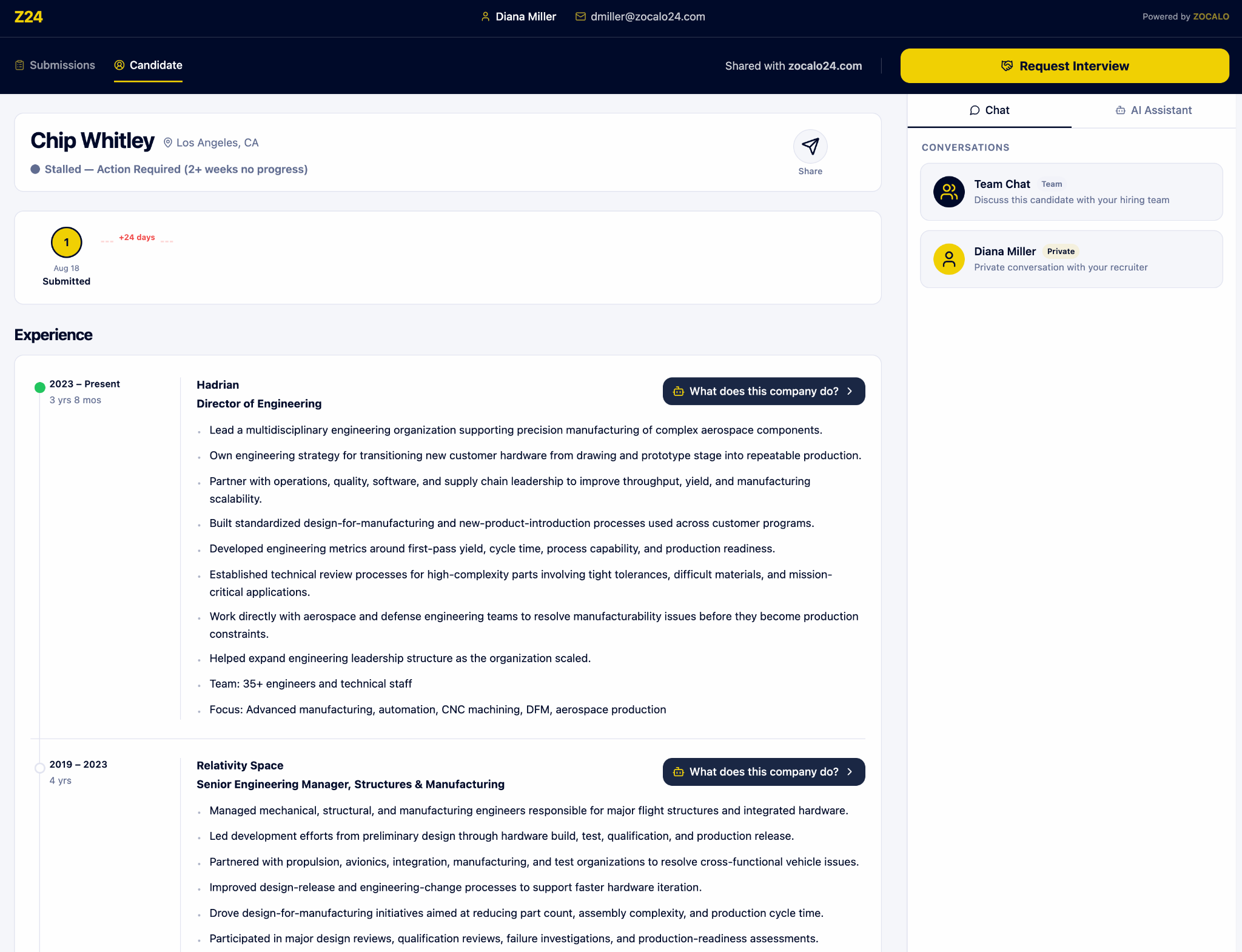 Candidate profile showing experience, interview timeline, and the full conversation sidebar.
