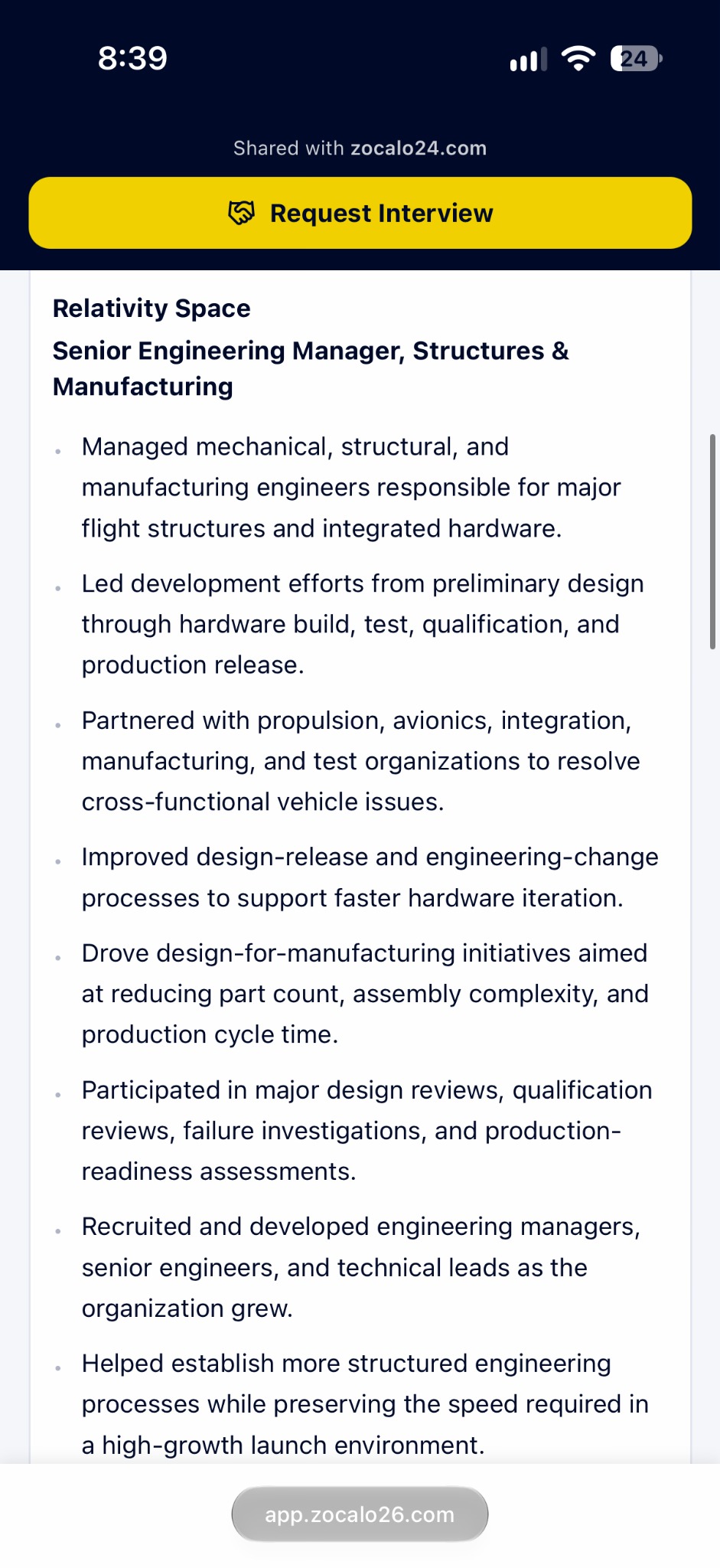 Request Interview button above the candidate’s experience.