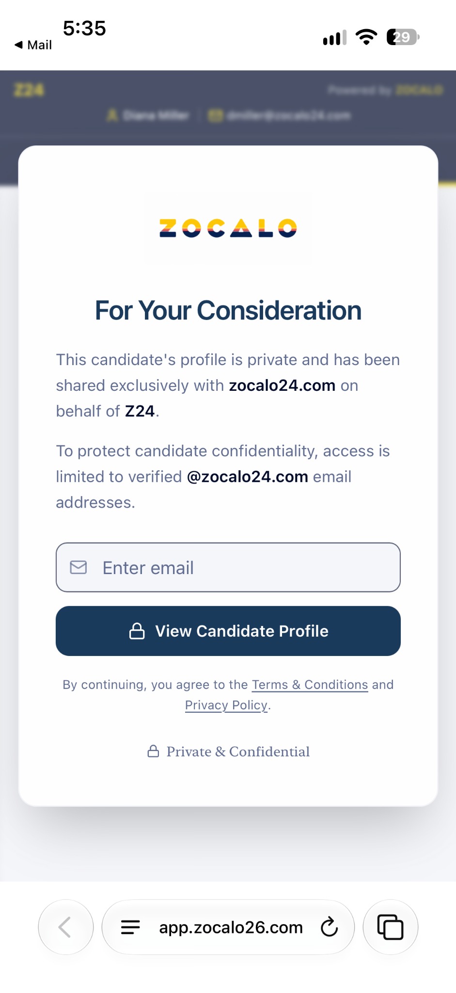 Private email-gated candidate invitation.