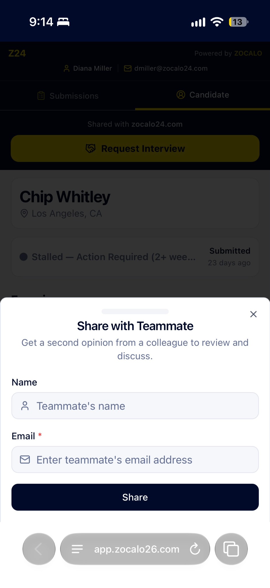 Share with Teammate form.